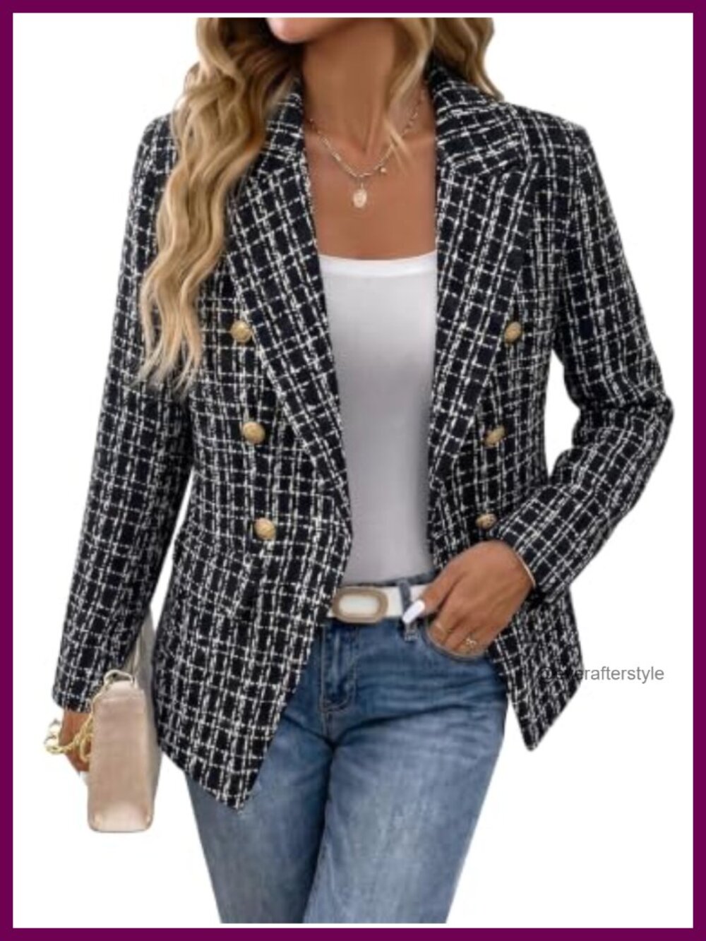 Women's Tweed Plaid Double-Breasted Blazer Business Casual Jacket